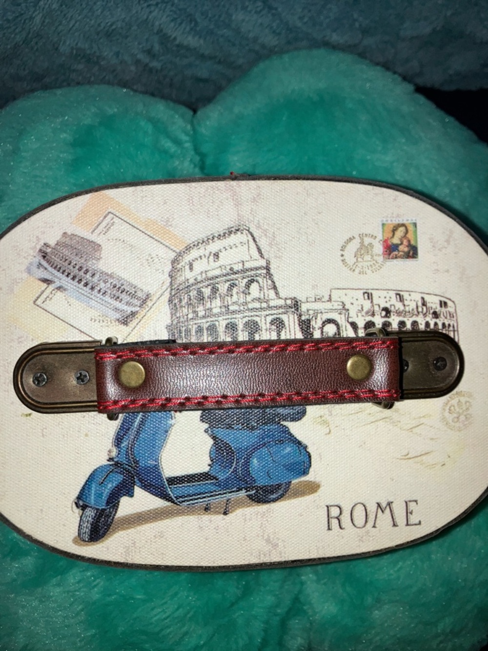 Travel-Inspired Rome Cosmetic Case in Cream and Blue Leather Trimmed 7” X 5” - Picture 2 of 6